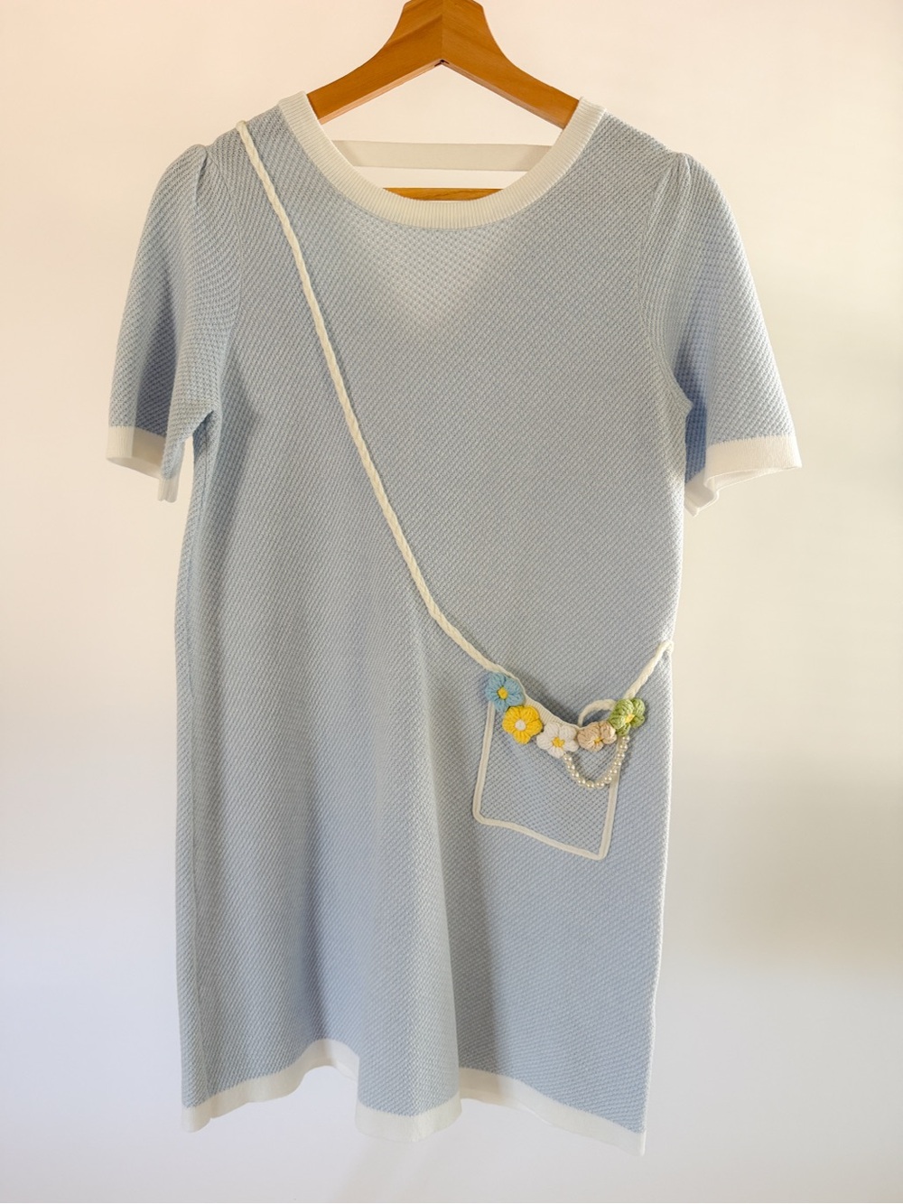 Five Plus Light Blue Ribbed Knit Mini Dress with Floral Faux Bag Detail